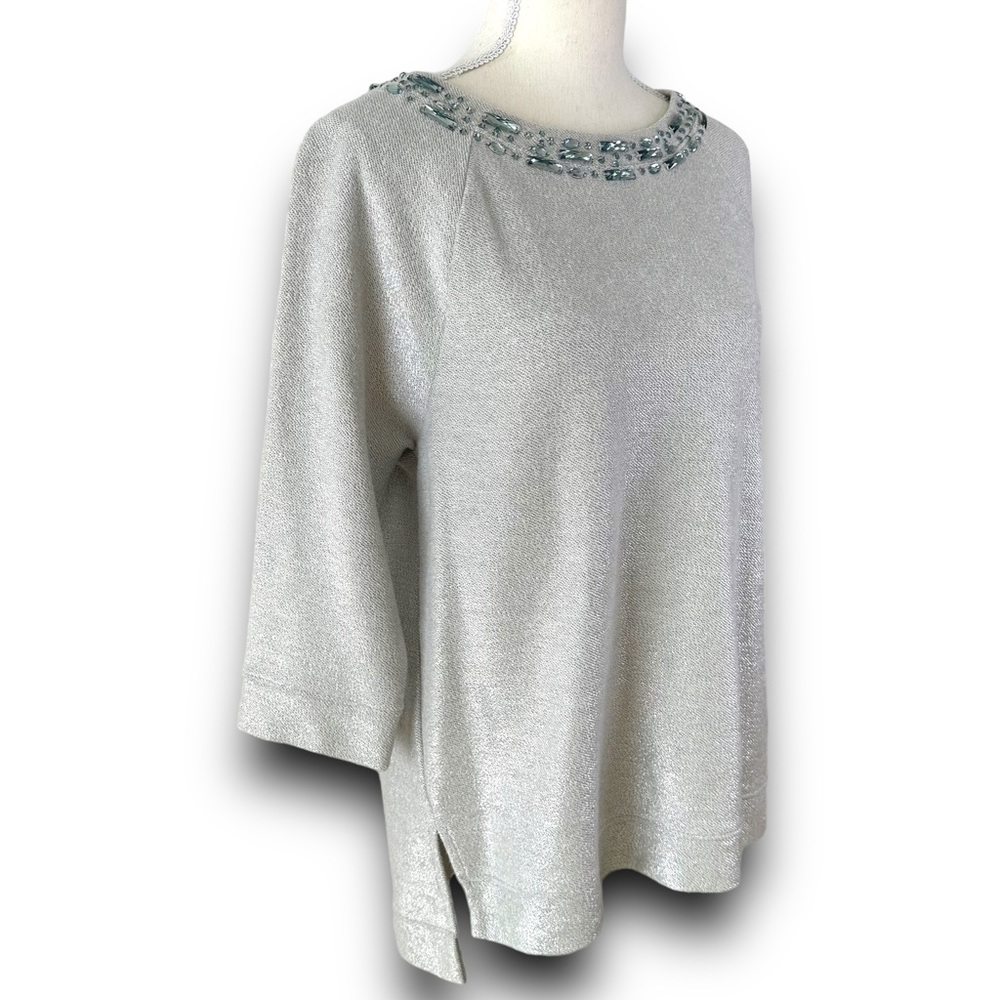 Chico’s Silver Sparkly Metallic Sweater with Bedazzled Collar